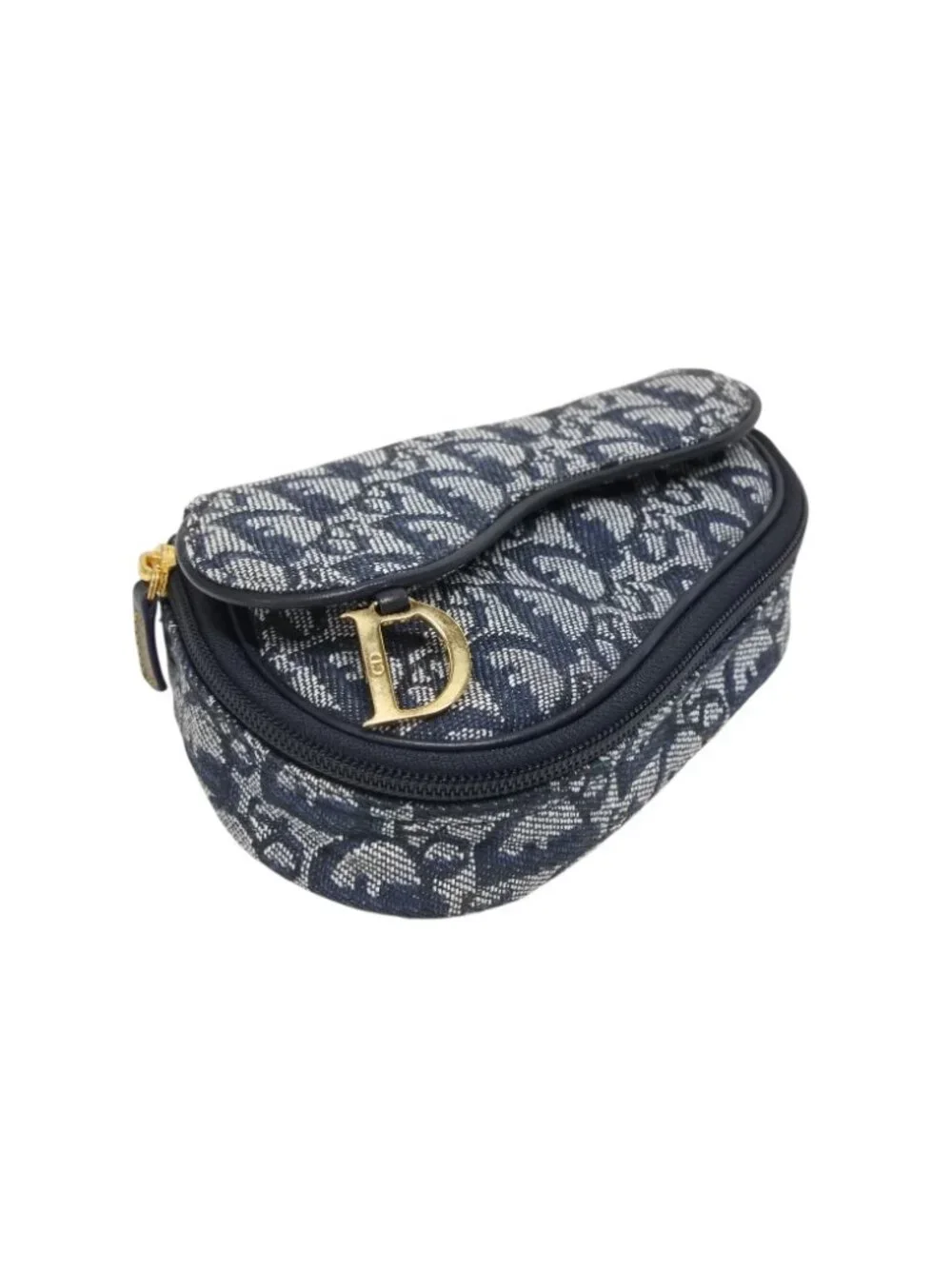 Dior Saddle Pouch Trotter Pattern Canvas Leather Navy Gold